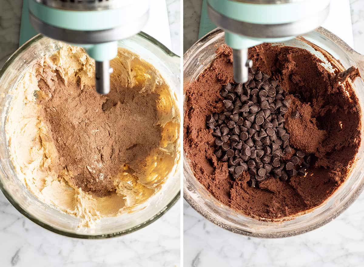 two overhead photos showing how to make Chocolate Crinkle Cookies