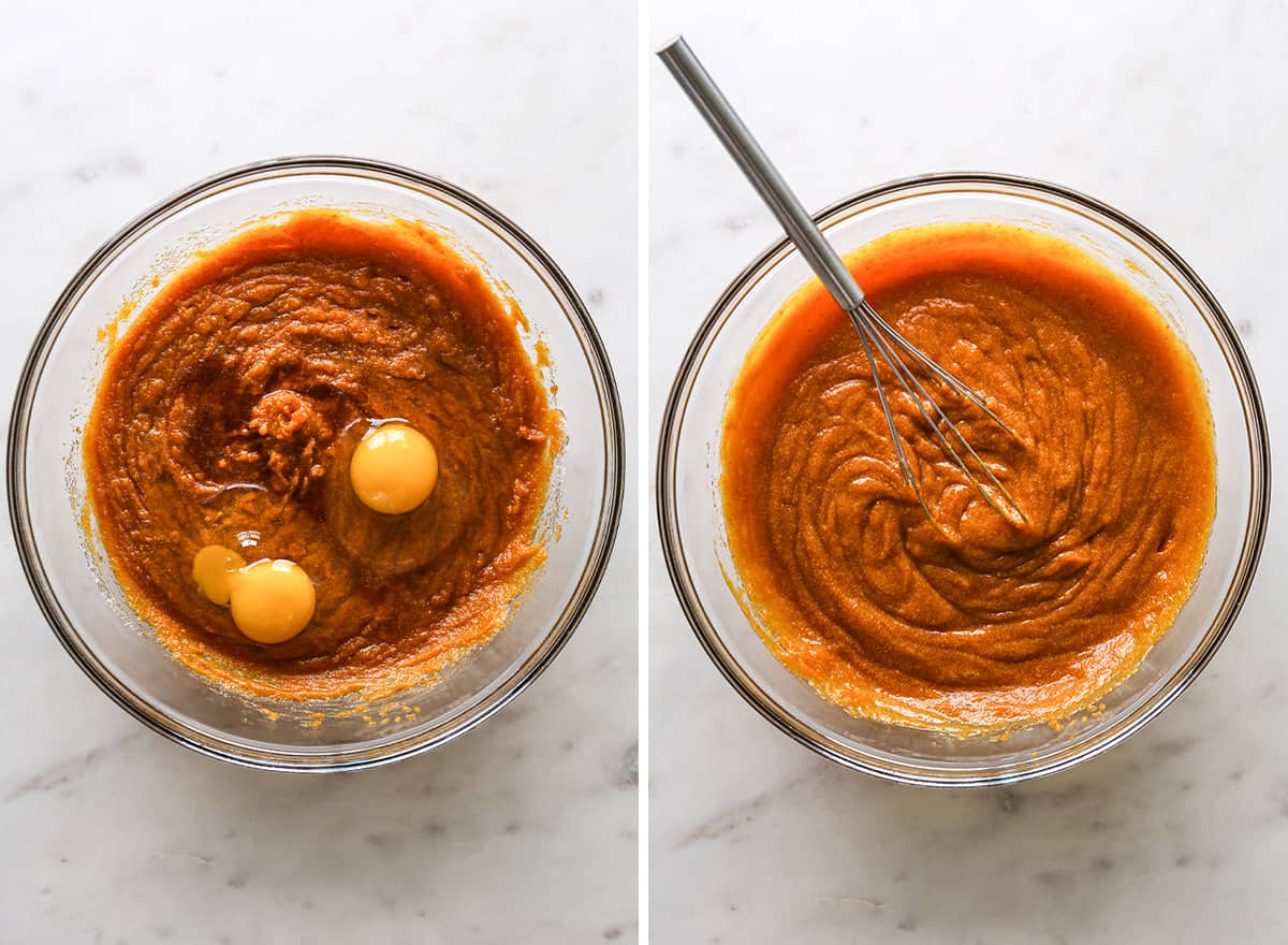  two photos showing How to Make Pumpkin Muffins from Scratch - adding eggs