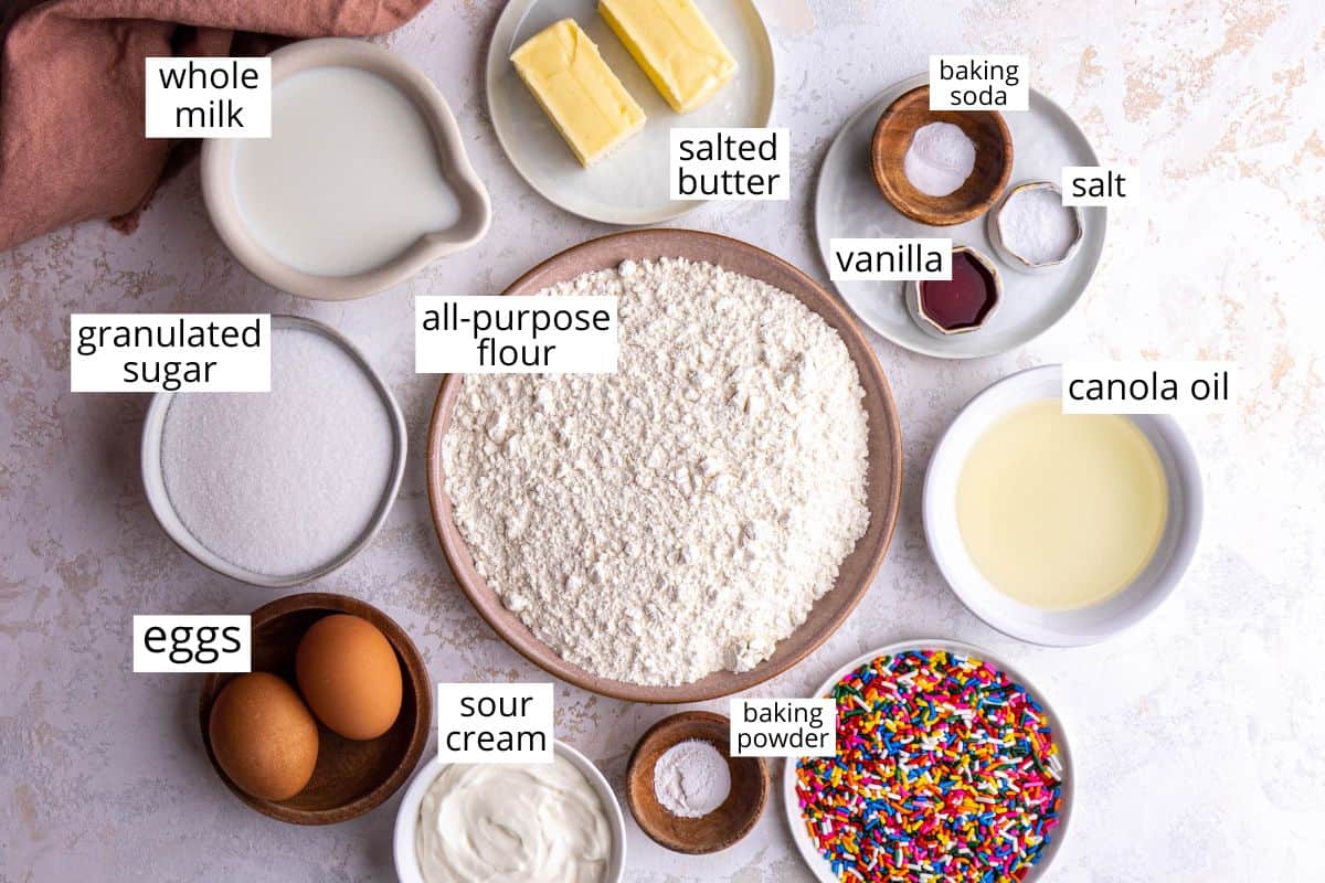 overhead photo of the labeled ingredients in this Vanilla Cupcake recipe